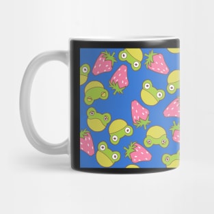 Frogs and Strawberries on Bright Dark Blue Mug